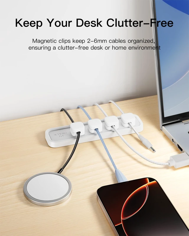 Alt view image 2 of 6 - Magnetic Cable Holder, Reusable Adhesive Desktop Cord Organizer for 2-6mm Cables,4 Clips for Lightning & USB C/Micro Cables,Sticks to Wood,Glass,Metal, Marble, 2-Pack,White