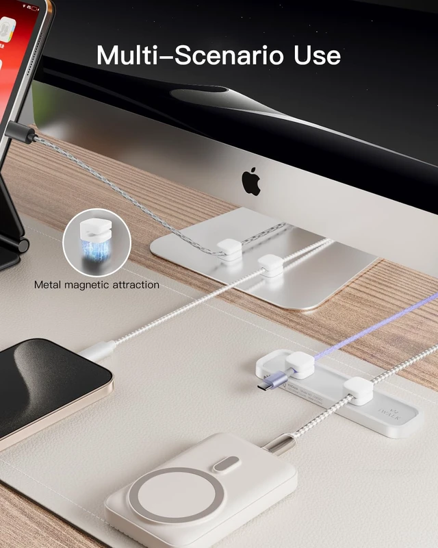 Alt view image 6 of 6 - Magnetic Cable Holder, Reusable Adhesive Desktop Cord Organizer for 2-6mm Cables,4 Clips for Lightning & USB C/Micro Cables,Sticks to Wood,Glass,Metal, Marble, 2-Pack,White