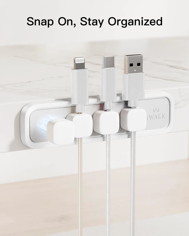 Alt view image 3 of 6 - Magnetic Cable Holder, Reusable Adhesive Desktop Cord Organizer for 2-6mm Cables,4 Clips for Lightning & USB C/Micro Cables,Sticks to Wood,Glass,Metal, Marble, 2-Pack,White