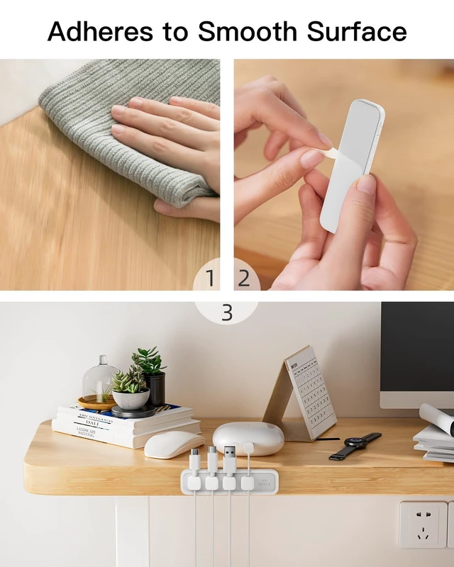 Alt view image 4 of 6 - Magnetic Cable Holder, Reusable Adhesive Desktop Cord Organizer for 2-6mm Cables,4 Clips for Lightning & USB C/Micro Cables,Sticks to Wood,Glass,Metal, Marble, 2-Pack,White