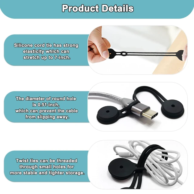 Alt view image 6 of 7 - 10 Pack Magnetic Cable Ties, Reusable Magnetic Twist Ties,Black | Silicone Cord Ties Charging Cord Organizer Travel Cable Management Straps Headphone Cord Wrap Reusable & Sturdy Cable Winder