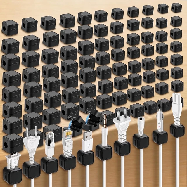 Main image of 80 Pack Black Magnetic Cable Clips, Cord Organizer, Cable Management | Smooth Cable Straps & Wire Holder Keeper, Adhesive Backing, for Office, Home, Desk, Nightstand, Car Organization
