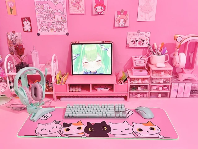 Alt view image 6 of 6 - Pink Kawaii Cat RGB Gaming Mouse Pad 31.5x12 Inch PC XL Large Extended Glowing Led Light Up Cool Mouse pad Desk Pad Non-Slip Rubber Computer Mouse Mat Cute Mousepad 31.5x12 Inch