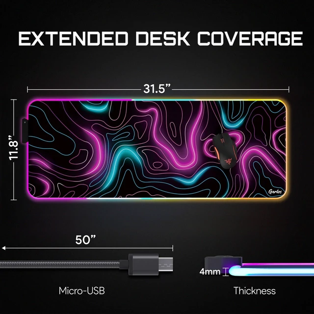 Alt view image 3 of 7 - RGB Gaming Mouse Pad, Large LED Desk Mat for Gamer, 31.5" x 11.8" | Extended Size Design, Superior Micro-Weave Cloth, Non-Slip Rubber Base, Durable Stitched Edges, Water-Resistant Coating