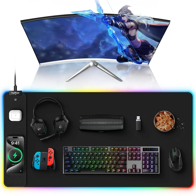 Main image of Wireless Charging RGB Gaming Mouse Pad, Desk Pad for MacBook, PC, Laptop | 31.5"x15.75" XXL Large Desk Mat, Waterproof Mousepad with 4 Light Modes & 11 RGB Colors, Ultra-Smooth Surface, Non-Slip Base