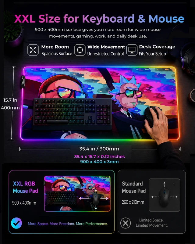 Alt view image 2 of 7 - RGB Mouse Pad XXL Gaming Desk Mat 19 Light Modes, 35.4 x 15.7IN | Smooth Surface, Full Desk Coverage, Stitched Edges, USB C, Non-Slip Rubber Base, Rollable Storage