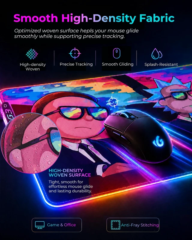 Alt view image 5 of 7 - RGB Mouse Pad XXL Gaming Desk Mat 19 Light Modes, 35.4 x 15.7IN | Smooth Surface, Full Desk Coverage, Stitched Edges, USB C, Non-Slip Rubber Base, Rollable Storage