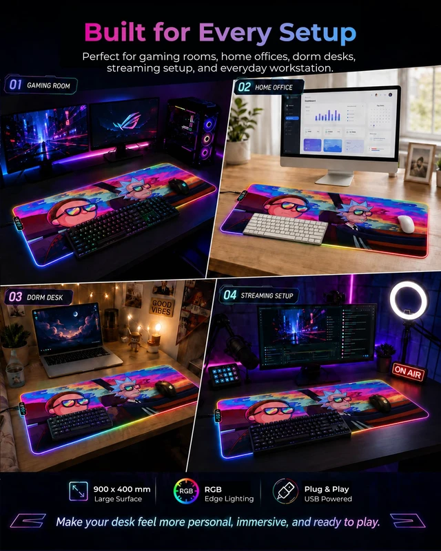 Alt view image 3 of 7 - RGB Mouse Pad XXL Gaming Desk Mat 19 Light Modes, 35.4 x 15.7IN | Smooth Surface, Full Desk Coverage, Stitched Edges, USB C, Non-Slip Rubber Base, Rollable Storage