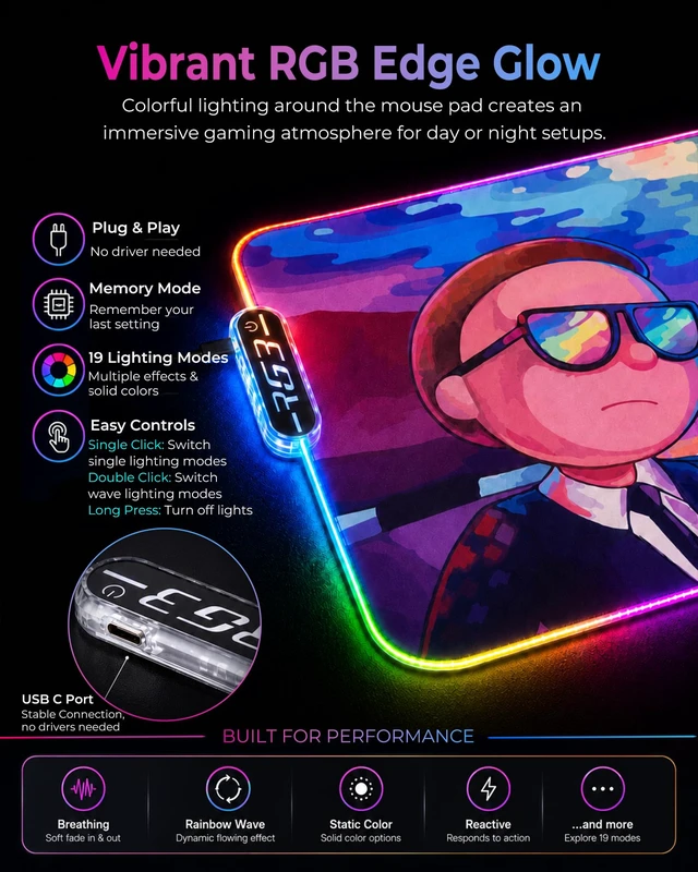 Alt view image 4 of 7 - RGB Mouse Pad XXL Gaming Desk Mat 19 Light Modes, 35.4 x 15.7IN | Smooth Surface, Full Desk Coverage, Stitched Edges, USB C, Non-Slip Rubber Base, Rollable Storage