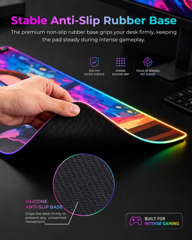 Alt view image 6 of 7 - RGB Mouse Pad XXL Gaming Desk Mat 19 Light Modes, 35.4 x 15.7IN | Smooth Surface, Full Desk Coverage, Stitched Edges, USB C, Non-Slip Rubber Base, Rollable Storage