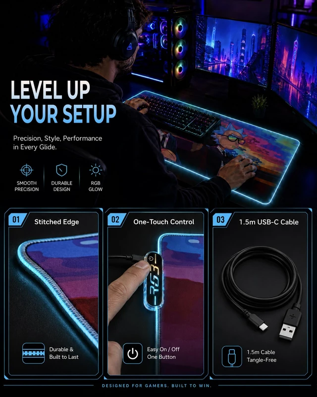 Alt view image 7 of 7 - RGB Mouse Pad XXL Gaming Desk Mat 19 Light Modes, 35.4 x 15.7IN | Smooth Surface, Full Desk Coverage, Stitched Edges, USB C, Non-Slip Rubber Base, Rollable Storage