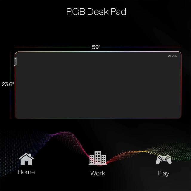 Alt view image 3 of 7 - Black Large 60 x 24 in Full Size Desk Pad with RGB, DESK-PAD60-24 | RGB Lighting for Office Ambience and Immersive Gaming, Oversized Mouse Pad Table Cover, 12 Color Modes, Non-Slip Base