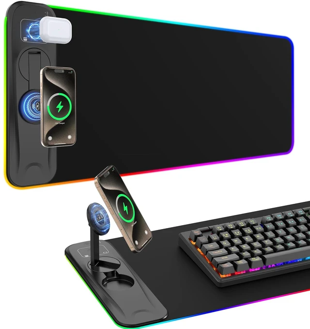 Main image of Gaming Mouse Pad Wireless Charging Magnetic Rotating Phone Stand | RGB Desk Mat Extended Large LED Mouse Pad 800x300x4mm, Waterproof Non-Slip Keyboard Mat (Adapter Not Included)