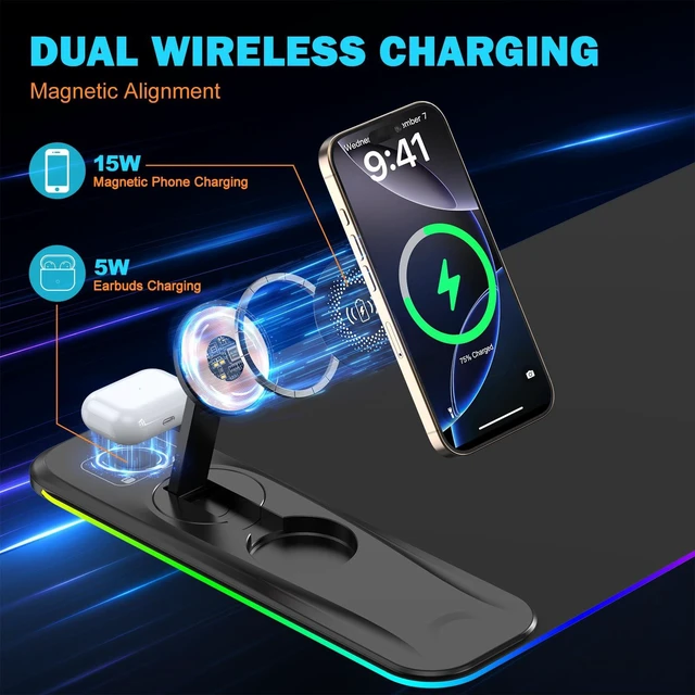 Alt view image 2 of 7 - Gaming Mouse Pad Wireless Charging Magnetic Rotating Phone Stand | RGB Desk Mat Extended Large LED Mouse Pad 800x300x4mm, Waterproof Non-Slip Keyboard Mat (Adapter Not Included)