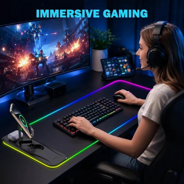 Alt view image 6 of 7 - Gaming Mouse Pad Wireless Charging Magnetic Rotating Phone Stand | RGB Desk Mat Extended Large LED Mouse Pad 800x300x4mm, Waterproof Non-Slip Keyboard Mat (Adapter Not Included)