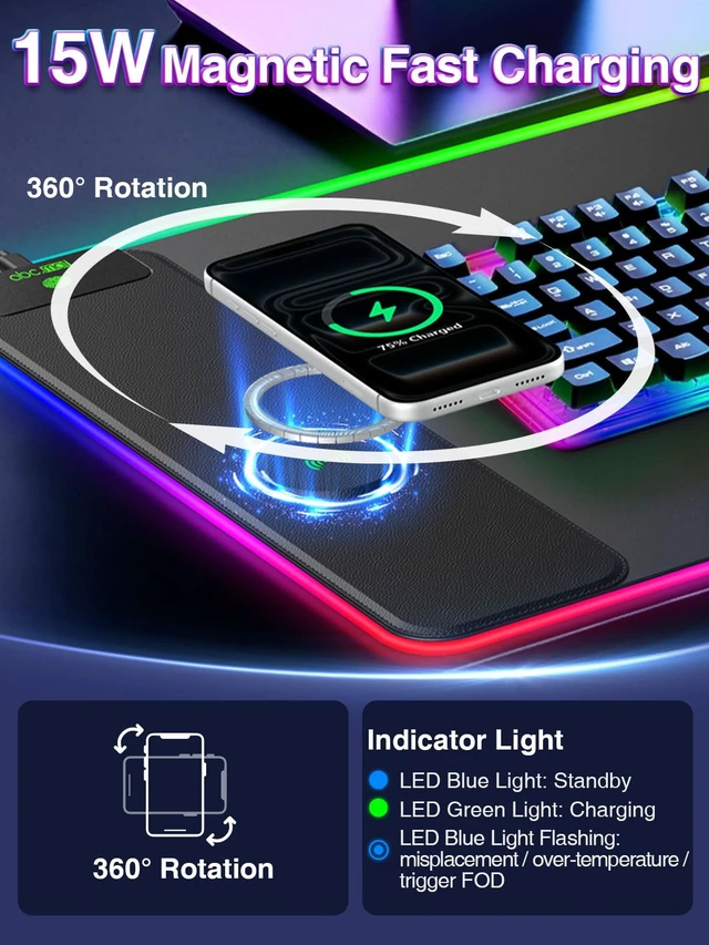 Alt view image 2 of 7 - RGB Gaming Mouse Pad with 15W Magnetic Wireless Charging, 31.5'' x 15.8'' | 24 Lighting Effects Desk Mat LED Mousepad with Non-Slip Rubber Base, Light up Your Desk, Waterproof Ultra-Smooth Surface