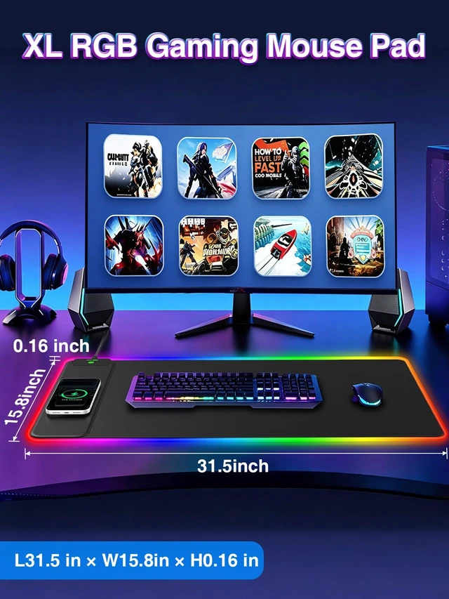 Alt view image 3 of 7 - RGB Gaming Mouse Pad with 15W Magnetic Wireless Charging, 31.5'' x 15.8'' | 24 Lighting Effects Desk Mat LED Mousepad with Non-Slip Rubber Base, Light up Your Desk, Waterproof Ultra-Smooth Surface