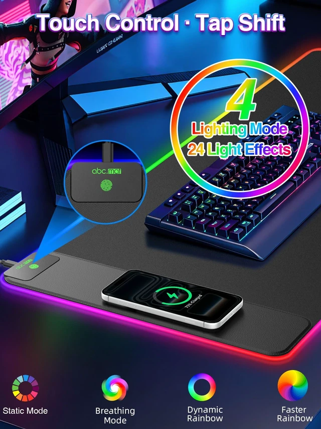 Alt view image 4 of 7 - RGB Gaming Mouse Pad with 15W Magnetic Wireless Charging, 31.5'' x 15.8'' | 24 Lighting Effects Desk Mat LED Mousepad with Non-Slip Rubber Base, Light up Your Desk, Waterproof Ultra-Smooth Surface