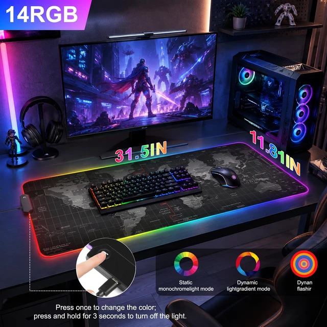 Alt view image 2 of 7 - RGB LED Gaming Mouse Pad, Desk Pad, Large Mouse Pad for Desk, Computer Mat | Mousepad, Keyboard Mat, Mouse Pads for Desk, 14 Light Modes, Gaming Mouse Pad, Computer Mats for Desktop, 31.5×11.8 Inch