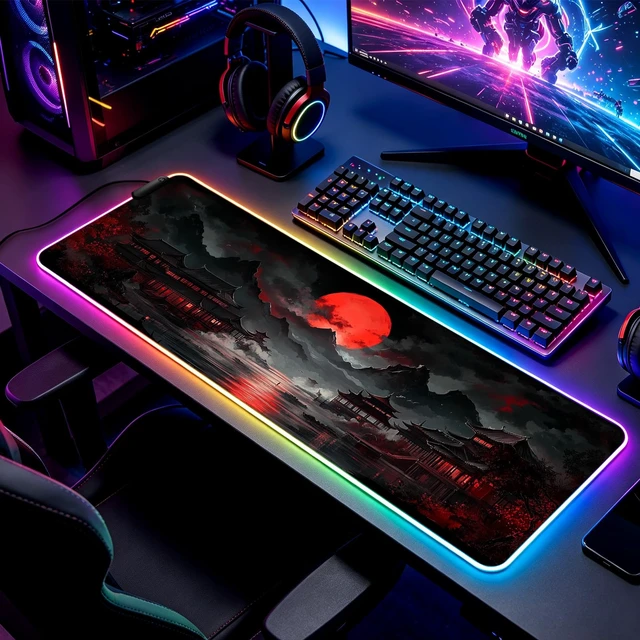 Alt view image 5 of 7 - RGB Moonlit Japanese Lake Scene Gaming Desk Mat & Mouse Pad, XL | 31.5x11.8 in, XL, Non-Slip Rubber Base, Smooth Surface, Stitched Edges, Office Supplies and Accessories