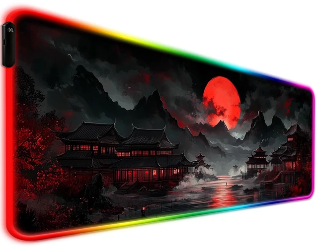 Main image of RGB Moonlit Japanese Lake Scene Gaming Desk Mat & Mouse Pad, XL | 31.5x11.8 in, XL, Non-Slip Rubber Base, Smooth Surface, Stitched Edges, Office Supplies and Accessories