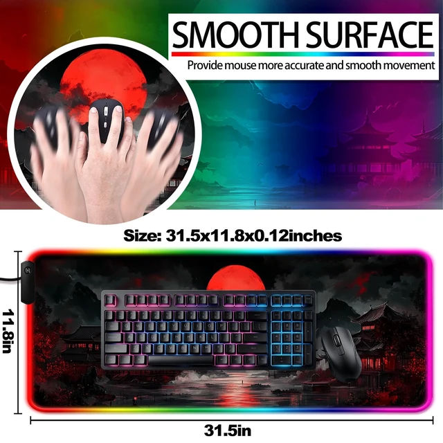Alt view image 3 of 7 - RGB Moonlit Japanese Lake Scene Gaming Desk Mat & Mouse Pad, XL | 31.5x11.8 in, XL, Non-Slip Rubber Base, Smooth Surface, Stitched Edges, Office Supplies and Accessories