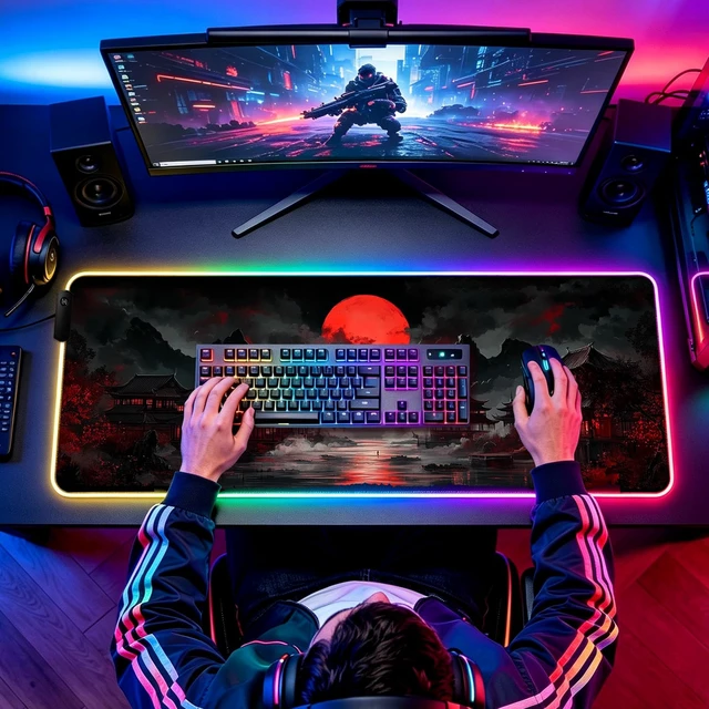Alt view image 7 of 7 - RGB Moonlit Japanese Lake Scene Gaming Desk Mat & Mouse Pad, XL | 31.5x11.8 in, XL, Non-Slip Rubber Base, Smooth Surface, Stitched Edges, Office Supplies and Accessories