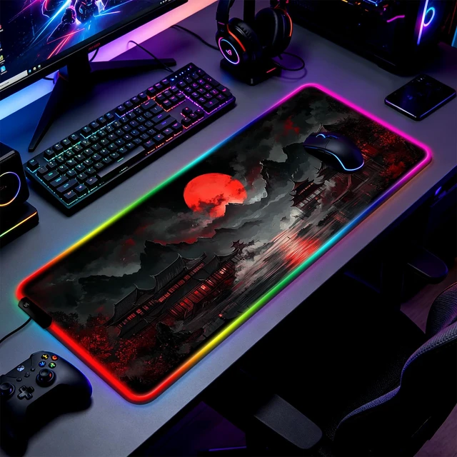 Alt view image 2 of 7 - RGB Moonlit Japanese Lake Scene Gaming Desk Mat & Mouse Pad, XL | 31.5x11.8 in, XL, Non-Slip Rubber Base, Smooth Surface, Stitched Edges, Office Supplies and Accessories