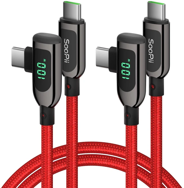 Main image of 100W Right Angle USB C to USB C Cable,2Pack 4FT,Red | Zinc Alloy Case Nylon Braided Type-C Cable with LED Display for iPhone 17/16, lPad Air/Pro,MacBook Pro,Samsung S23/S22/S10