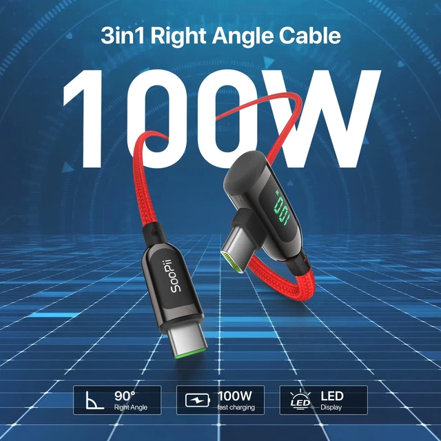 Alt view image 2 of 7 - 100W Right Angle USB C to USB C Cable,2Pack 4FT,Red | Zinc Alloy Case Nylon Braided Type-C Cable with LED Display for iPhone 17/16, lPad Air/Pro,MacBook Pro,Samsung S23/S22/S10