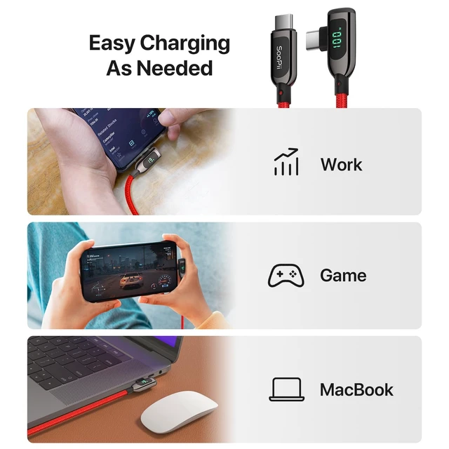Alt view image 7 of 7 - 100W Right Angle USB C to USB C Cable,2Pack 4FT,Red | Zinc Alloy Case Nylon Braided Type-C Cable with LED Display for iPhone 17/16, lPad Air/Pro,MacBook Pro,Samsung S23/S22/S10