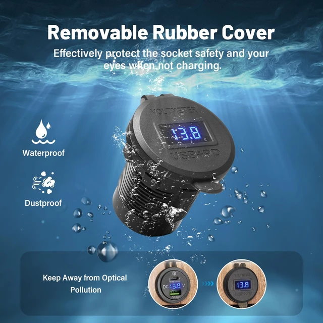 Alt view image 4 of 6 - 12V/24V Car Charger Outlet 36W+18W Cigarette Lighter Plug PD USB Charging Socket Reverse Protection Waterproof with Voltmeter Power Supply for Car RV ATV Boat Marine Truck Automotive Motorcycle