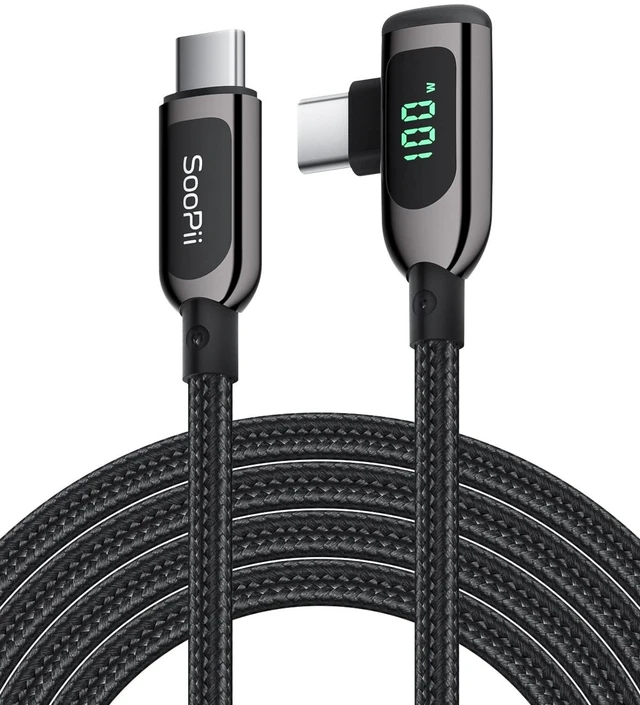 Main image of 100W Right Angle USB C to USB C Cable,6.6FT Zinc Alloy Case Nylon Braided Type-C Cable with LED Display for lPad Mini/Air/Pro,MacBook Pro,Samsung S23/S22/S10,Pixel,LG(2m,Black)