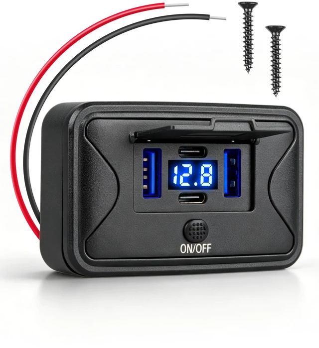Main image of 78W 4 Port 12V USB Outlet with Voltage Display, Dual 36W PD & Dual 18W QC3.0 Fast Charging, USB C Wall Mount Charger Panel with On/Off Switch and Flip Cover for Car RV Bus Truck Marine Golf Cart