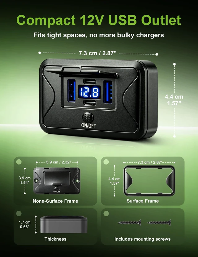 Alt view image 4 of 7 - 78W 4 Port 12V USB Outlet with Voltage Display, Dual 36W PD & Dual 18W QC3.0 Fast Charging, USB C Wall Mount Charger Panel with On/Off Switch and Flip Cover for Car RV Bus Truck Marine Golf Cart
