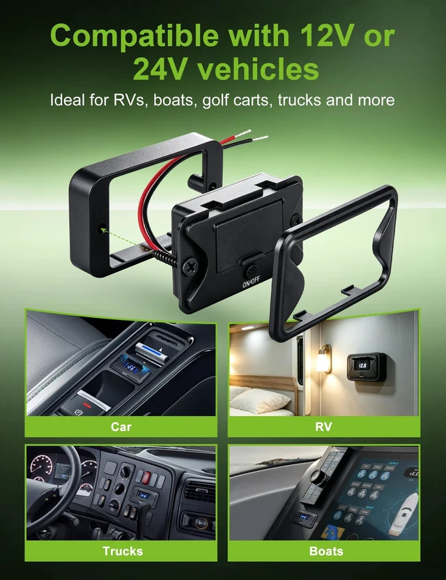 Alt view image 6 of 7 - 78W 4 Port 12V USB Outlet with Voltage Display, Dual 36W PD & Dual 18W QC3.0 Fast Charging, USB C Wall Mount Charger Panel with On/Off Switch and Flip Cover for Car RV Bus Truck Marine Golf Cart