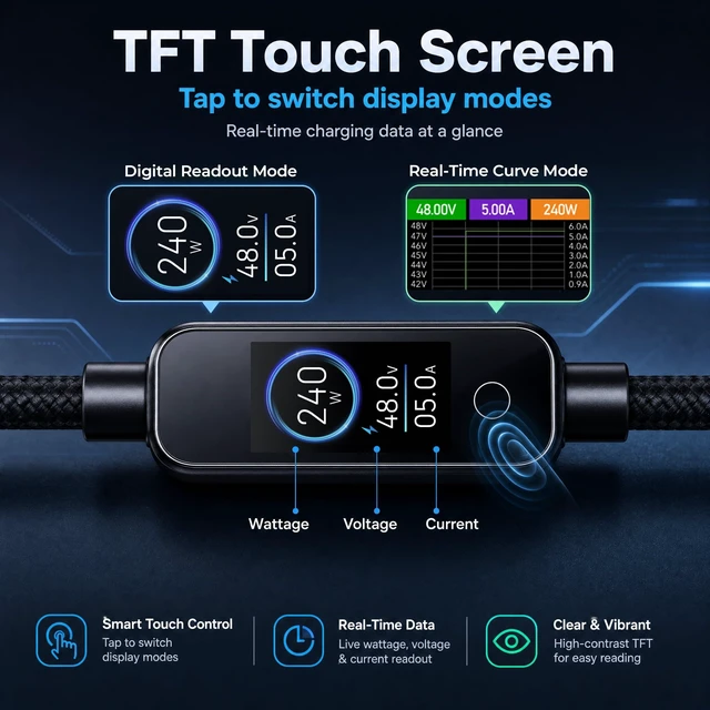 Alt view image 3 of 7 - 240W USB C to USB C Cable with TFT Touch Screen,PD3.1 Fast Charge Cord | TFT Power Meter, Smart LED Indicator, E-Marker 3.0, Premium Braided Nylon, for iPhone 18 17 16 Duo,MacBook, Laptop,Tablet,4FT