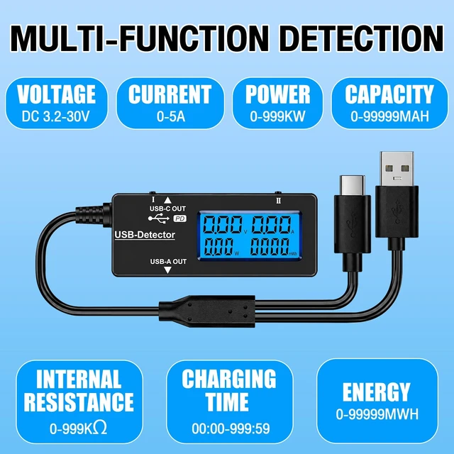 Alt view image 3 of 7 - USB Tester USB Power Meter, USB Cable Tester & Voltage Meter with Type-C, DC 3.2-30V 0-5A Digital Multimeter, USB Port Tester for Voltage Current Power Resistance Capacity for Phone Laptop