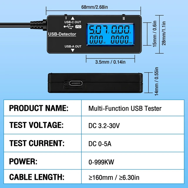 Alt view image 7 of 7 - USB Tester USB Power Meter, USB Cable Tester & Voltage Meter with Type-C, DC 3.2-30V 0-5A Digital Multimeter, USB Port Tester for Voltage Current Power Resistance Capacity for Phone Laptop