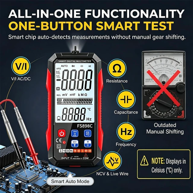 Alt view image 2 of 7 - FS898C Digital Multimeter True RMS 6000 Counts USB-C Rechargeable NCV | Auto-Ranging, CAT.III 1000V, Backlit LCD, Capacitance/Ohm/Temp, 8H Runtime, HVAC/Auto/Home