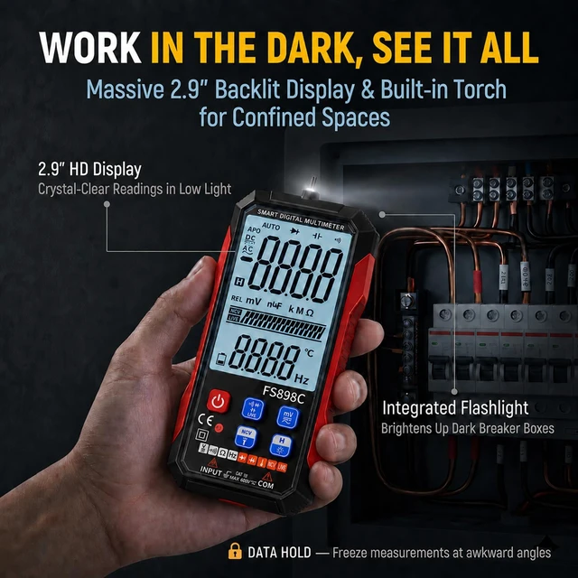 Alt view image 3 of 7 - FS898C Digital Multimeter True RMS 6000 Counts USB-C Rechargeable NCV | Auto-Ranging, CAT.III 1000V, Backlit LCD, Capacitance/Ohm/Temp, 8H Runtime, HVAC/Auto/Home