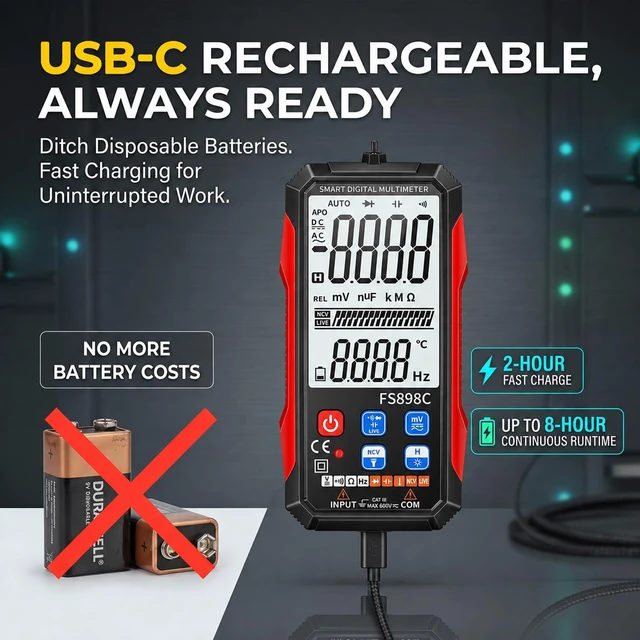 Alt view image 4 of 7 - FS898C Digital Multimeter True RMS 6000 Counts USB-C Rechargeable NCV | Auto-Ranging, CAT.III 1000V, Backlit LCD, Capacitance/Ohm/Temp, 8H Runtime, HVAC/Auto/Home