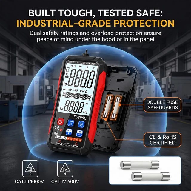 Alt view image 5 of 7 - FS898C Digital Multimeter True RMS 6000 Counts USB-C Rechargeable NCV | Auto-Ranging, CAT.III 1000V, Backlit LCD, Capacitance/Ohm/Temp, 8H Runtime, HVAC/Auto/Home