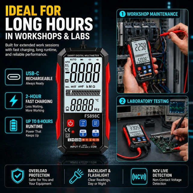 Alt view image 7 of 7 - FS898C Digital Multimeter True RMS 6000 Counts USB-C Rechargeable NCV | Auto-Ranging, CAT.III 1000V, Backlit LCD, Capacitance/Ohm/Temp, 8H Runtime, HVAC/Auto/Home