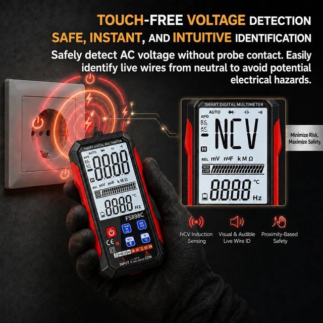 Alt view image 6 of 7 - FS898C Digital Multimeter True RMS 6000 Counts USB-C Rechargeable NCV | Auto-Ranging, CAT.III 1000V, Backlit LCD, Capacitance/Ohm/Temp, 8H Runtime, HVAC/Auto/Home