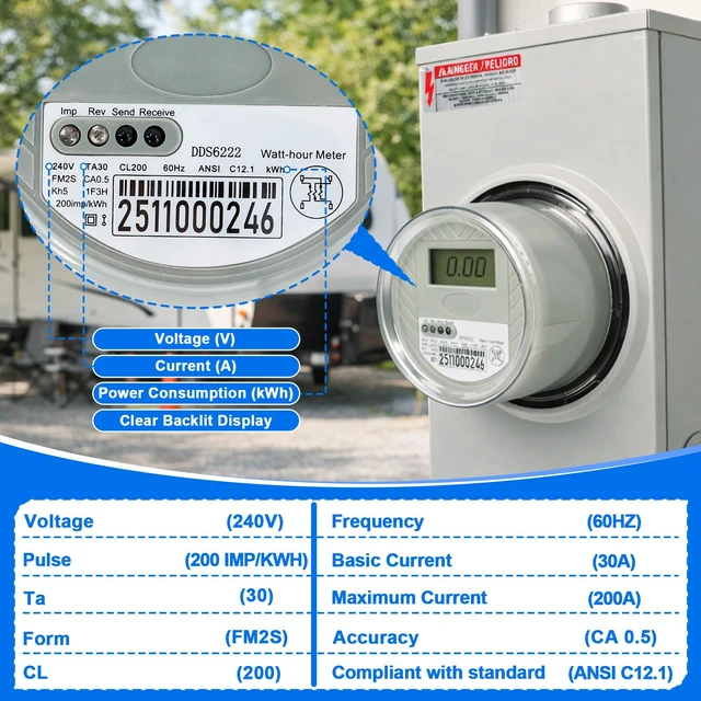 Alt view image 2 of 6 - 240 V 2-Wire Digital KWH Meter High-Precision LCD Watt Meter for RV/Home/Workshop Energy Usage Monitoring, ANSI C12.1 Compliant, Easy Install, Supports up to 200A TA30