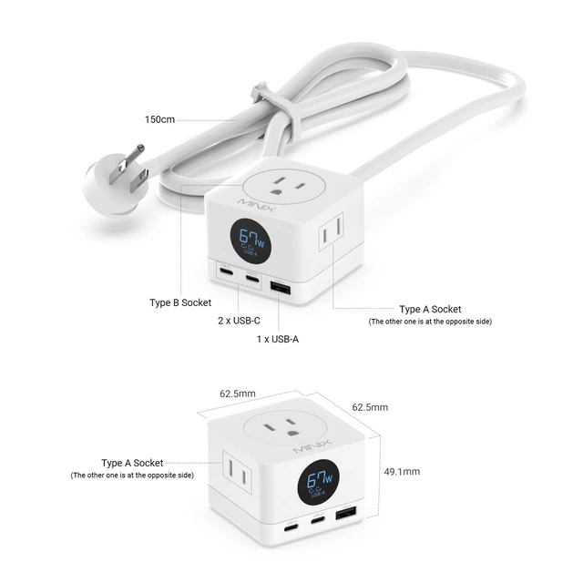 Alt view image 6 of 6 - 67W USB C Charger with 3 Outlets, Gan 3-Port Compact Cube Fast Power Strip Surge Protection, 5ft Extension Cord, for MacBook Pro/Air, iPhone 15/14/Pro, Galaxy S23/S22, for Dorm, Home & Office