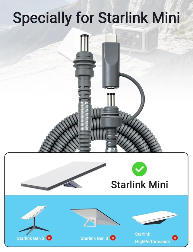 Alt view image 2 of 7 - 2-in-1 Starlink Mini Power Cable, 10ft Replacement Starlink Mini Cord | Starlink Mini Cable with Cable Sleeve, DC to DC & USB C to DC Power Cable,Starlink Mini Accessories, Work with 100W+PD Source