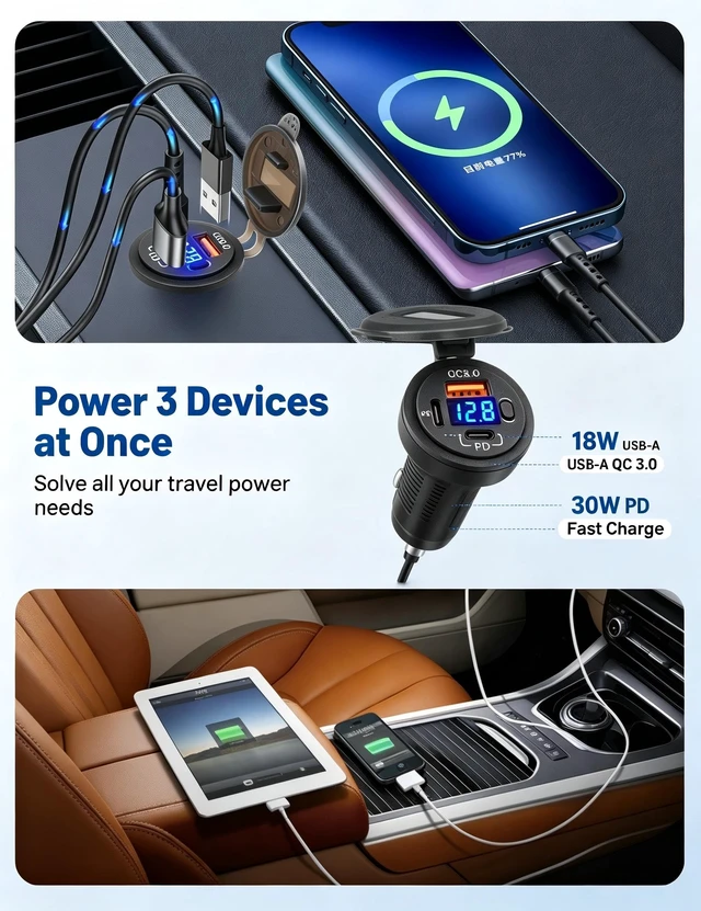 Alt view image 5 of 7 - 2Pack 78W 3 Port 12V USB Power Outlet, Type C +USB A Car Charger | Type C & QC 3.0 Fast Charging, 12 Volt Socket with LED Voltmeter, Waterproof for Car Boat Marine RV Motorcycle