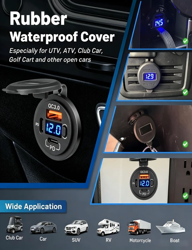 Alt view image 6 of 7 - 2Pack 78W 3 Port 12V USB Power Outlet, Type C +USB A Car Charger | Type C & QC 3.0 Fast Charging, 12 Volt Socket with LED Voltmeter, Waterproof for Car Boat Marine RV Motorcycle